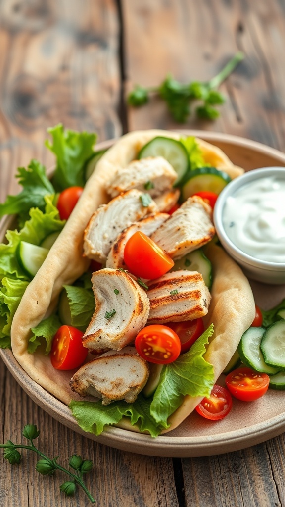 Grilled Chicken Pita Bread Recipe Grilled chicken pita filled with vegetables and tzatziki sauce on a rustic table.
